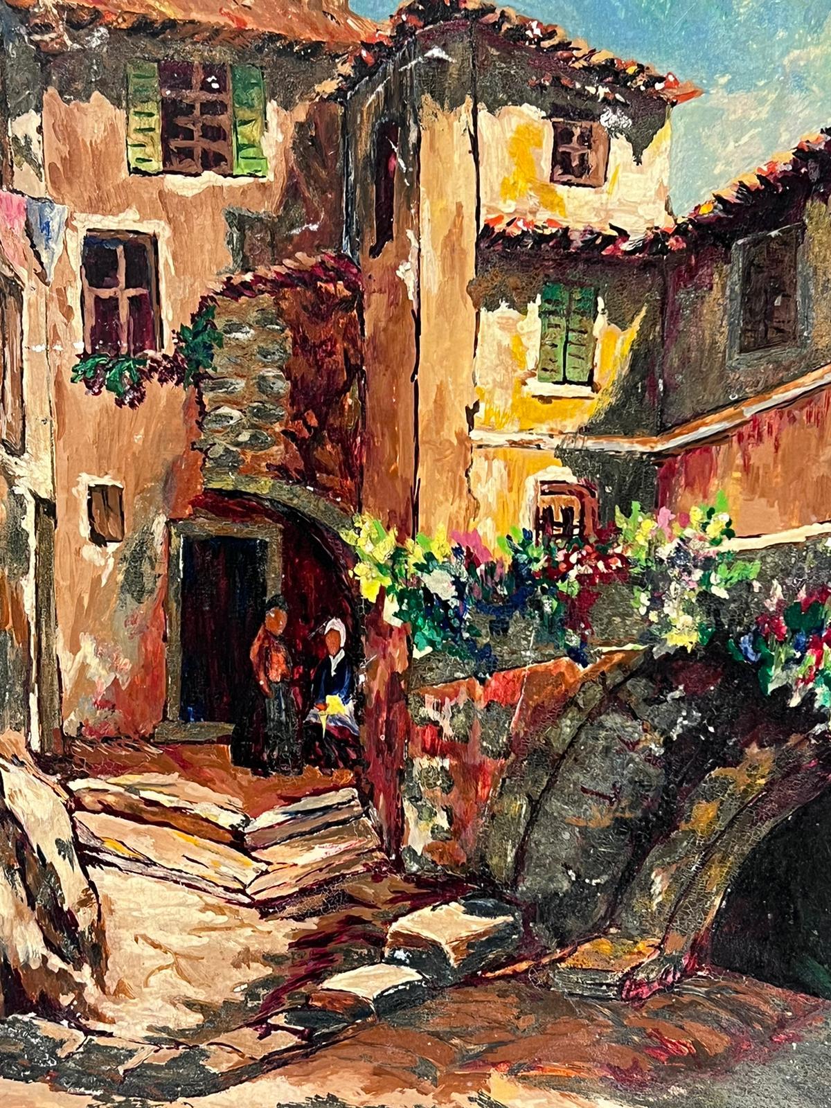 French School Figurative Painting - Provence Cottages 1950's French Impressionist Vintage Oil Painting Sunny Street