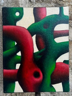 Red & Green Tubular Abstract Oil Painting French Dated 2012