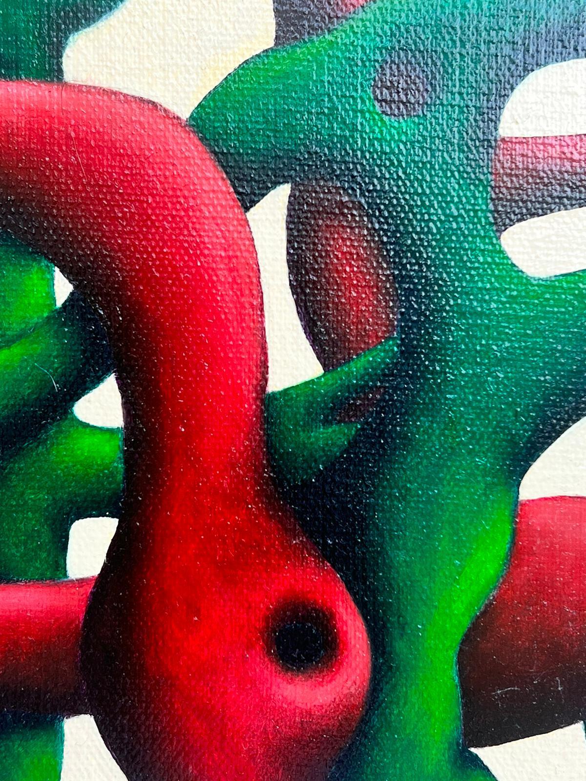 Red & Green Tubular Abstract Oil Painting French Dated 2012 For Sale 1