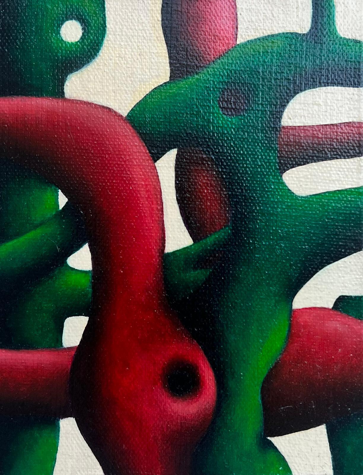 French School Abstract Painting - Red & Green Tubular Abstract Oil Painting French Dated 2012
