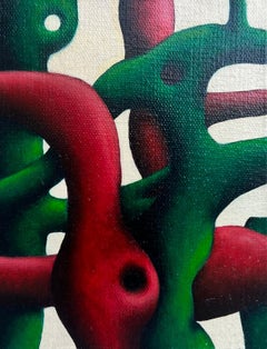 Red & Green Tubular Abstract Oil Painting French Dated 2012