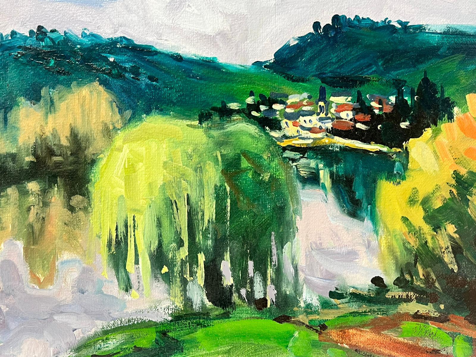 Río Sena Francia Pintura al óleo francesa postimpresionista firmada Paisaje verde - Figurative Painting Gris de French School