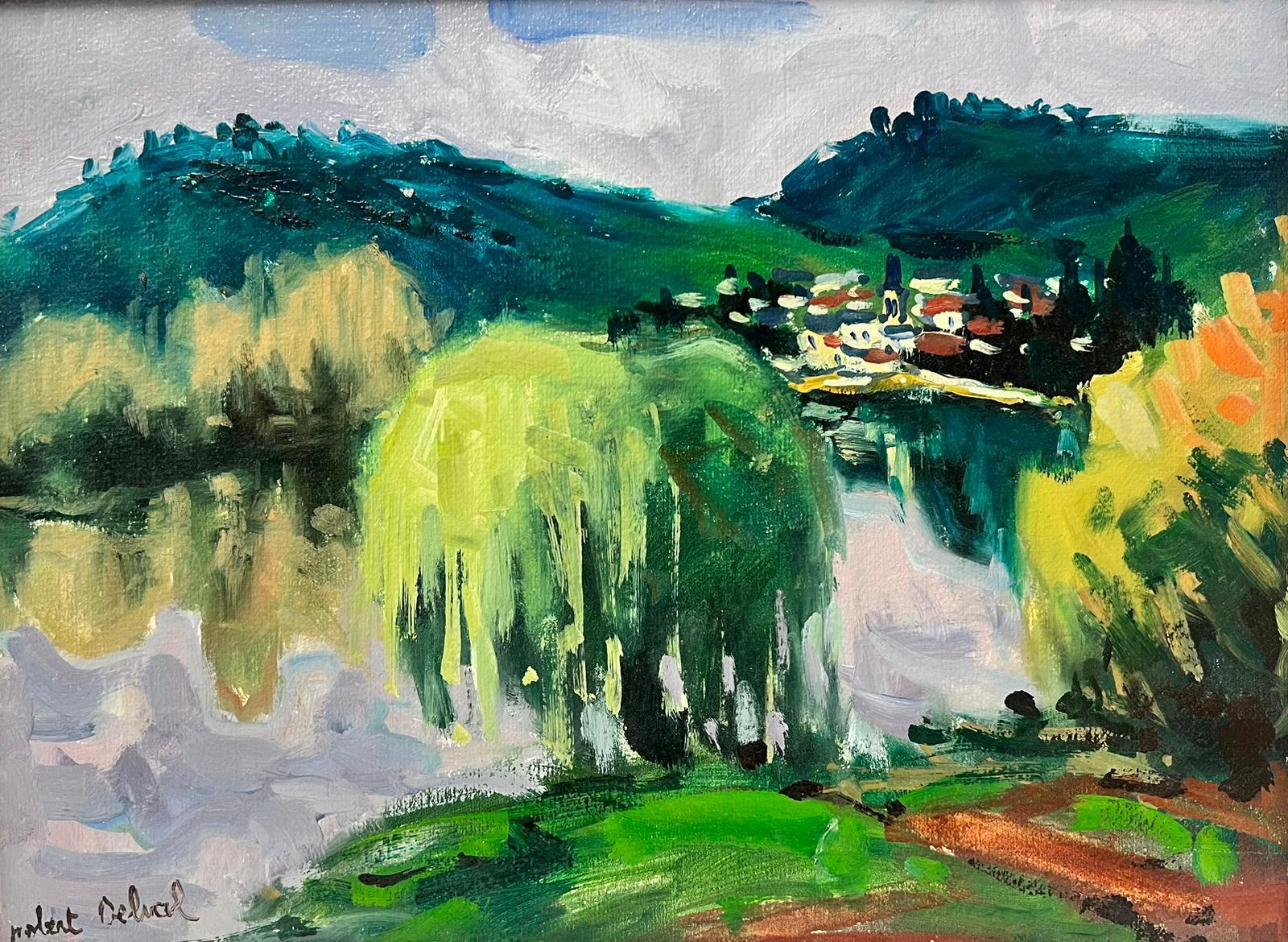 French School Figurative Painting - River Seine France French Post-Impressionist Signed Oil Painting Green Landscape