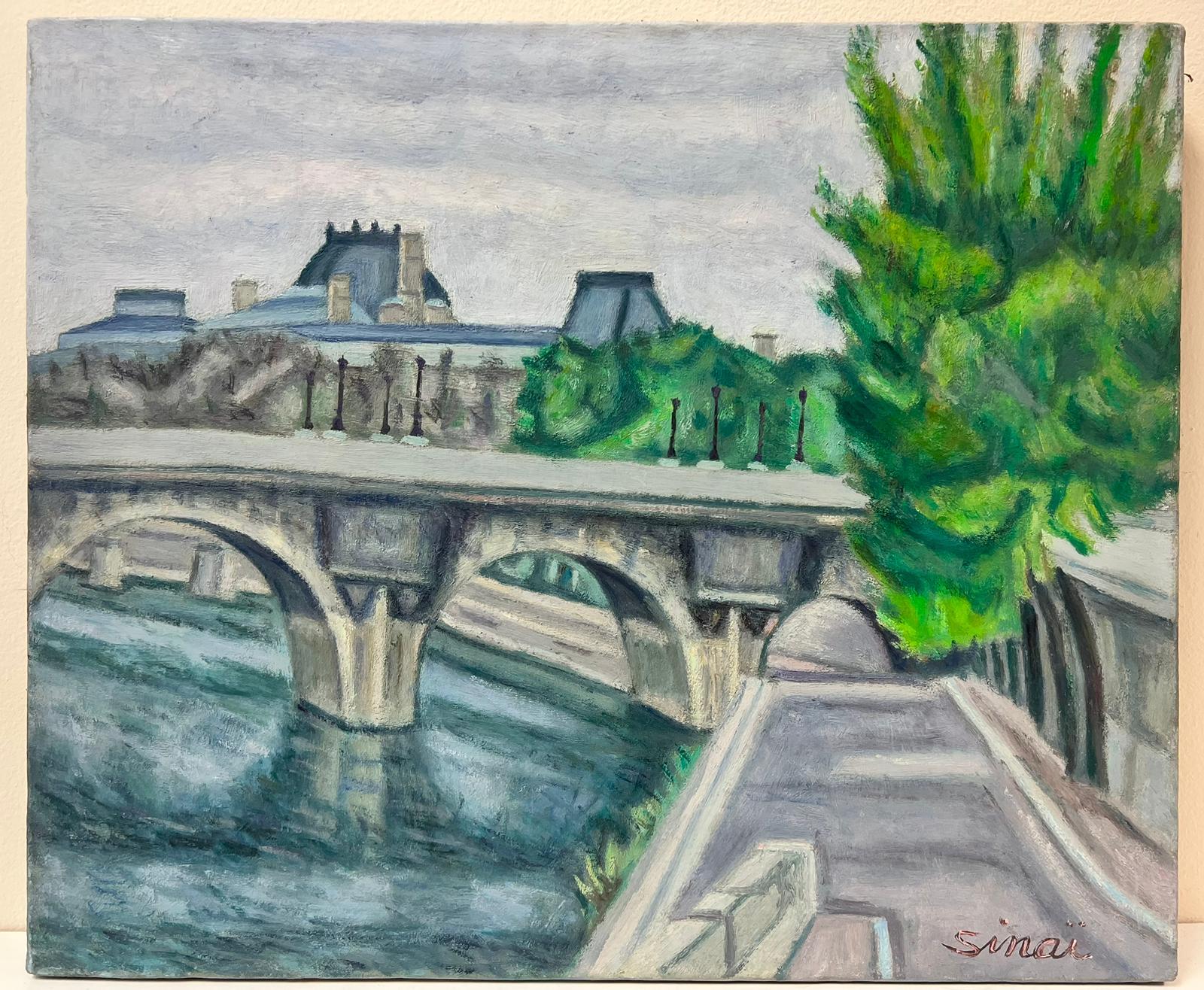 Französisches Ölgemälde, Seine Paris City Skyline Bridge über dem Fluss, 1970er Jahre – Painting von French School