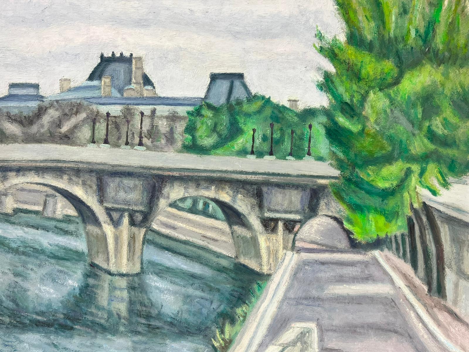 River Seine Paris City Skyline Bridge over the River 1970's French Oil Painting For Sale 3