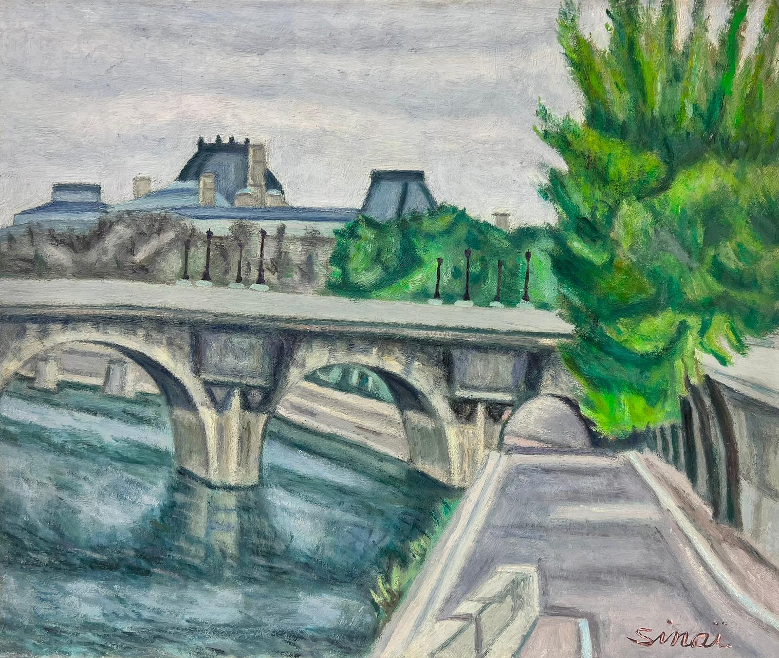 French School Landscape Painting - River Seine Paris City Skyline Bridge over the River 1970's French Oil Painting
