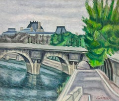 River Seine Paris City Skyline Bridge over the River 1970's French Oil Painting