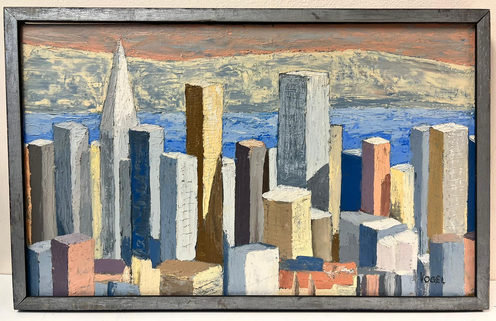 Pintura al óleo cubista abstracta del horizonte de la ciudad de San Francisco, años 70, firmada y enmarcada - Painting de French School