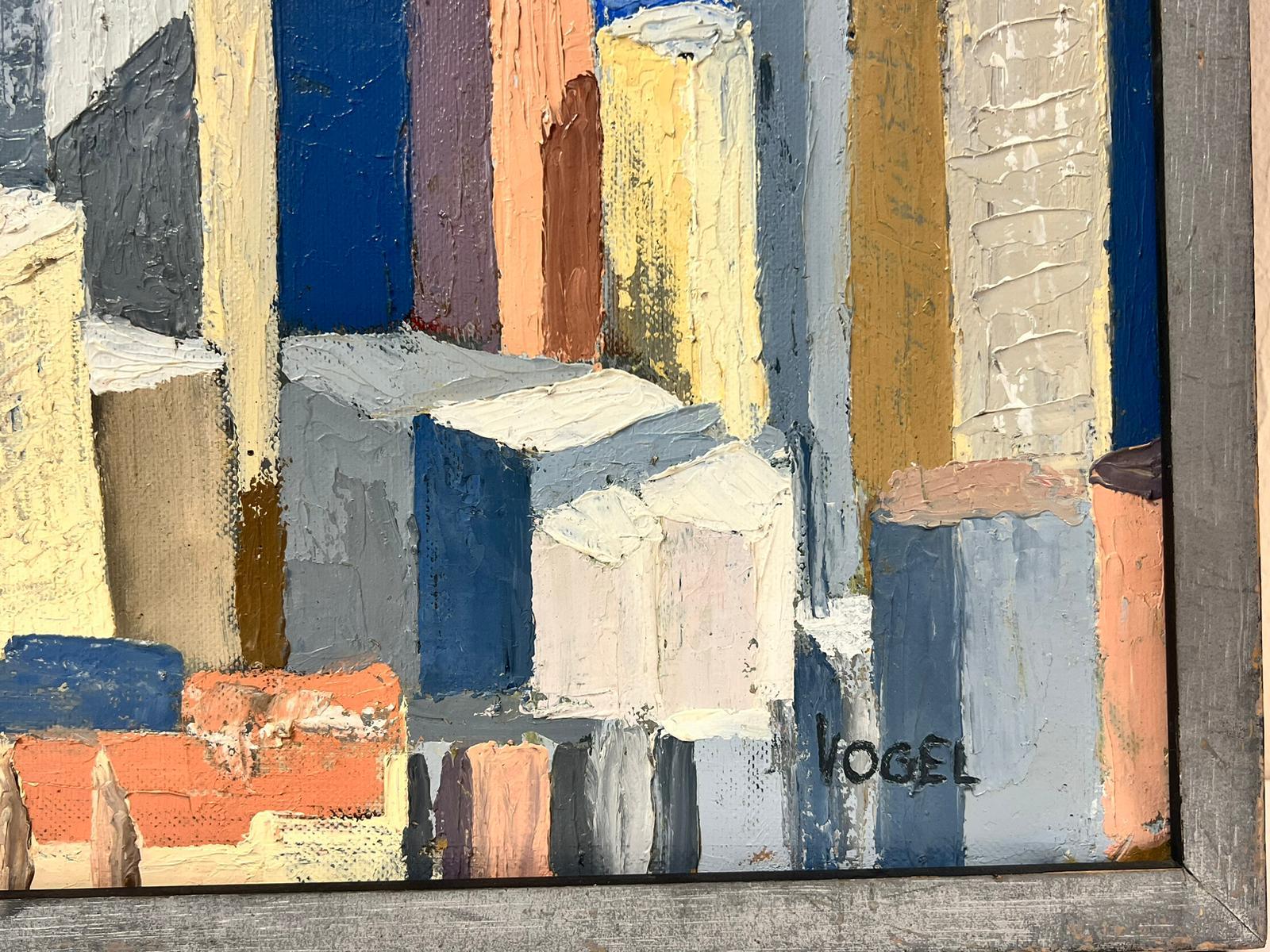 Pintura al óleo cubista abstracta del horizonte de la ciudad de San Francisco, años 70, firmada y enmarcada - Painting Cubista de French School