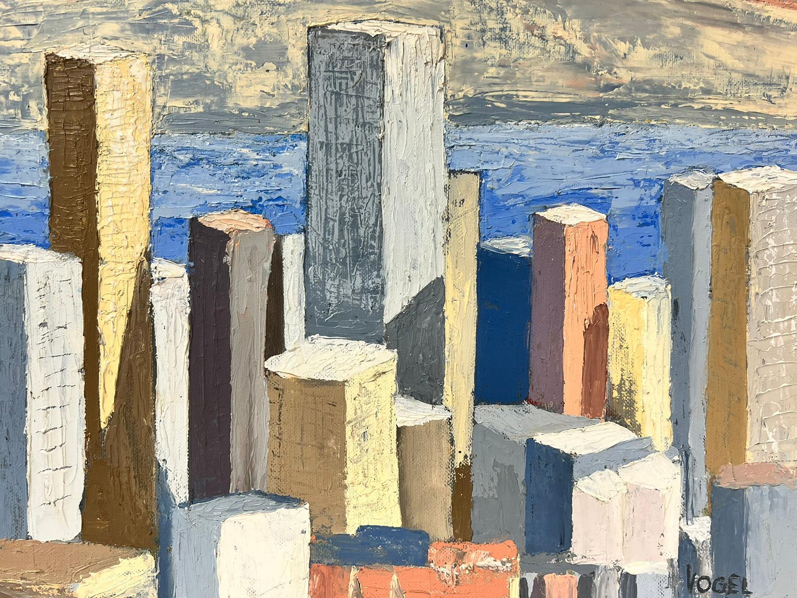 Pintura al óleo cubista abstracta del horizonte de la ciudad de San Francisco, años 70, firmada y enmarcada en venta 1