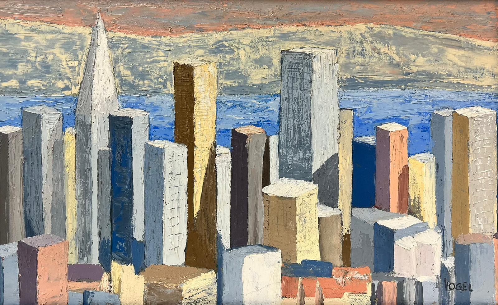 San Francisco 1970's Cubist Abstract City Skyline Oil Painting, firmato e incorniciato