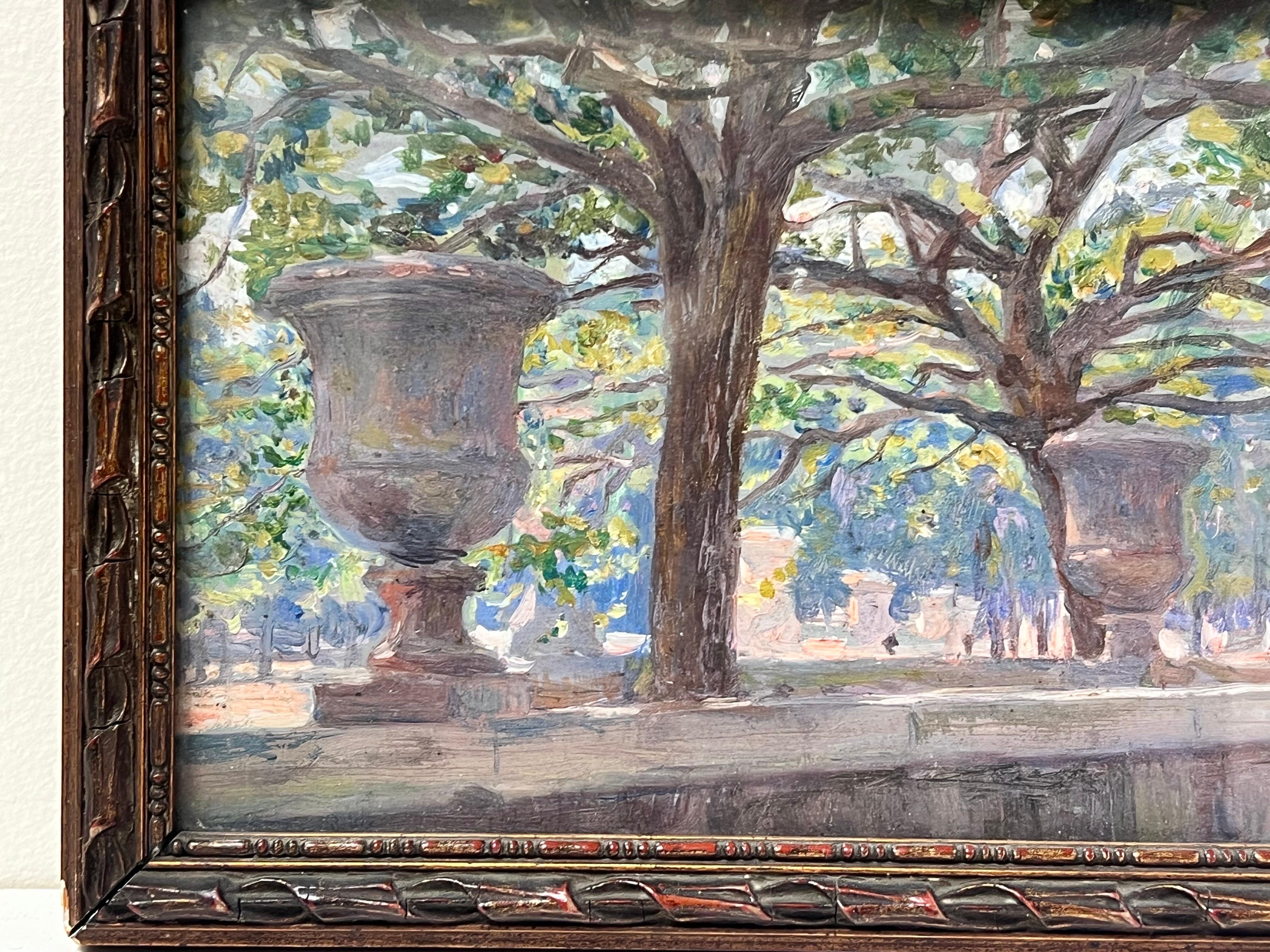 The Park at Versailles Stone Urns on Wall Chateau Gardens French Painting For Sale 2