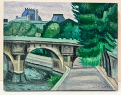 The River Seine Paris Old Stone Bridge with Trees 1970's French Oil Painting