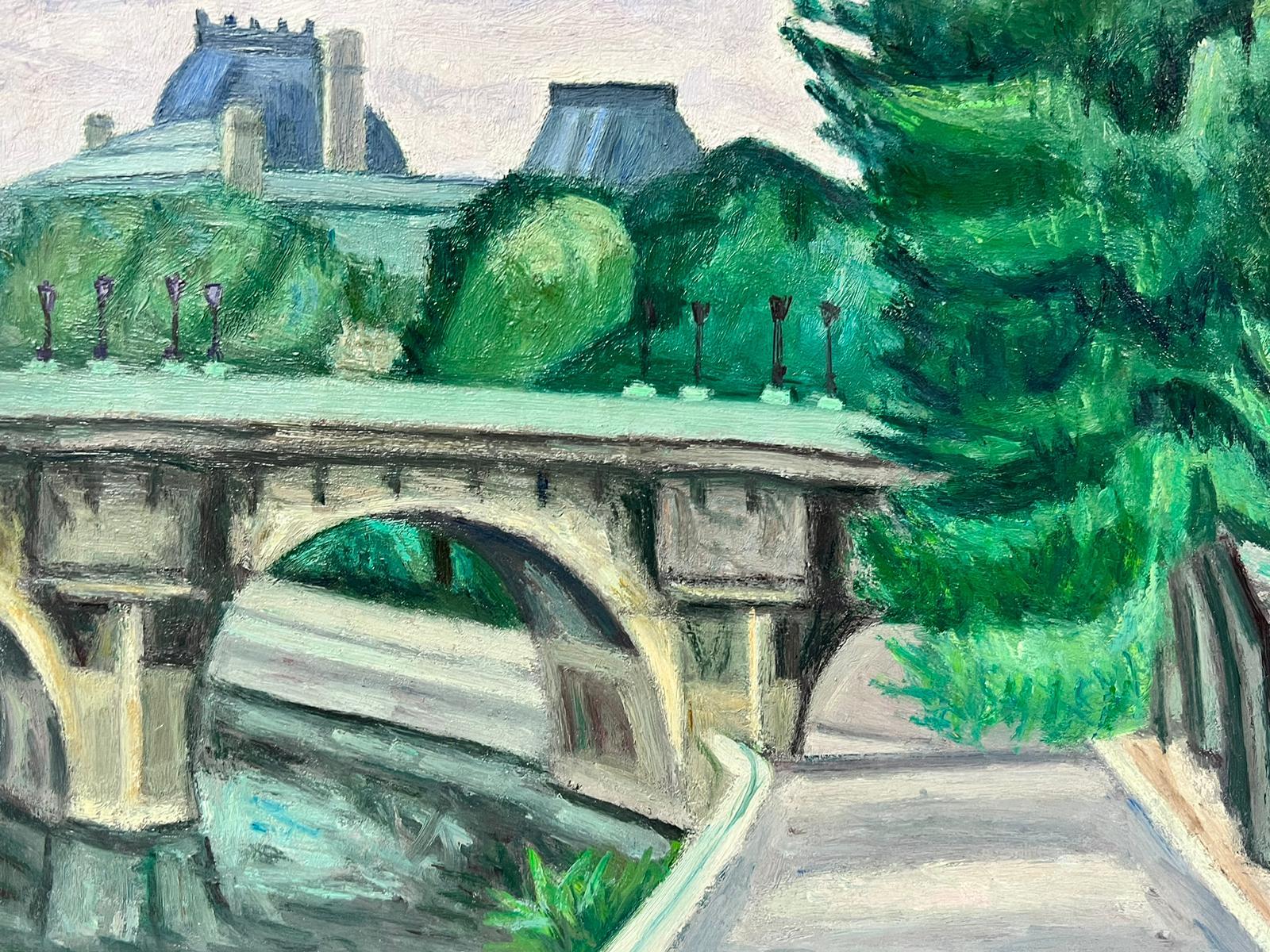 The River Seine Paris Old Stone Bridge with Trees 1970's French Oil Painting For Sale 3