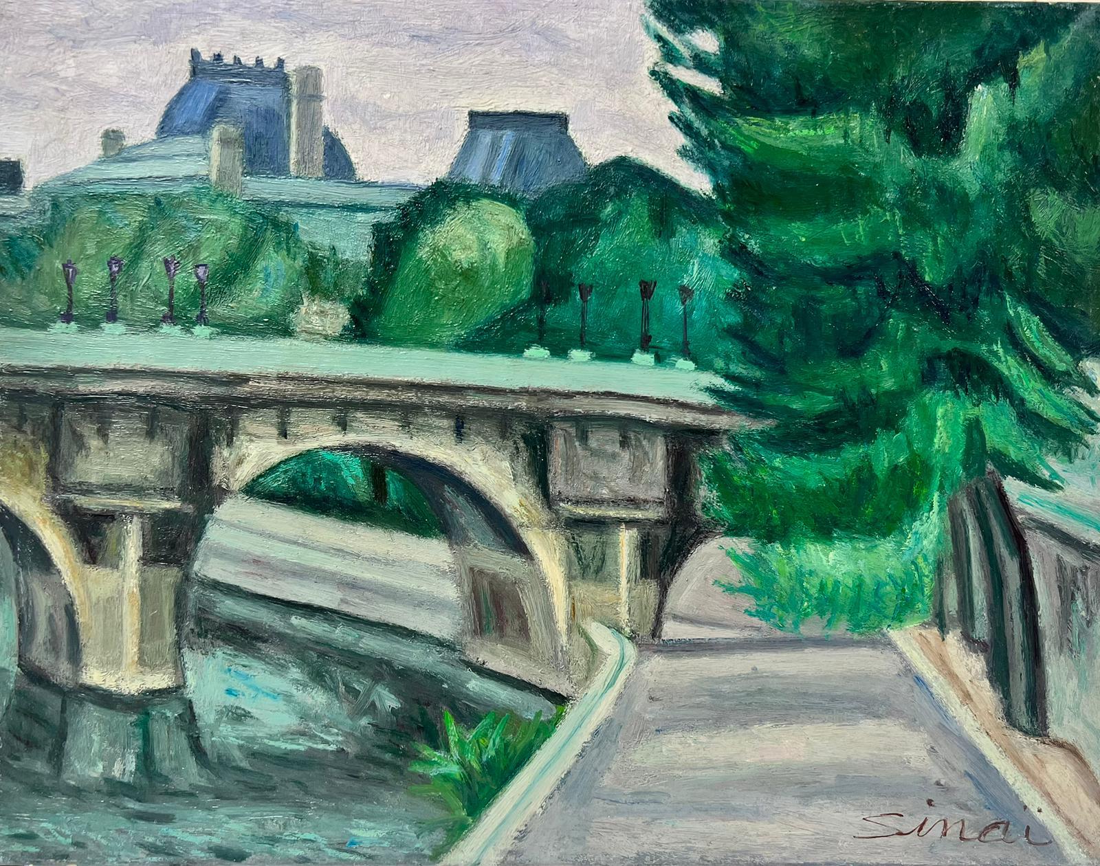 French School Landscape Painting - The River Seine Paris Old Stone Bridge with Trees 1970's French Oil Painting
