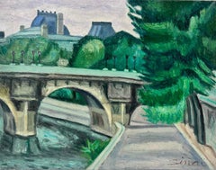 The River Seine Paris Old Stone Bridge with Trees 1970's French Oil Painting