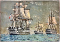 Three Masted Tall Ships at Sea Napoleonic Wars Period French Battle Ships, oil