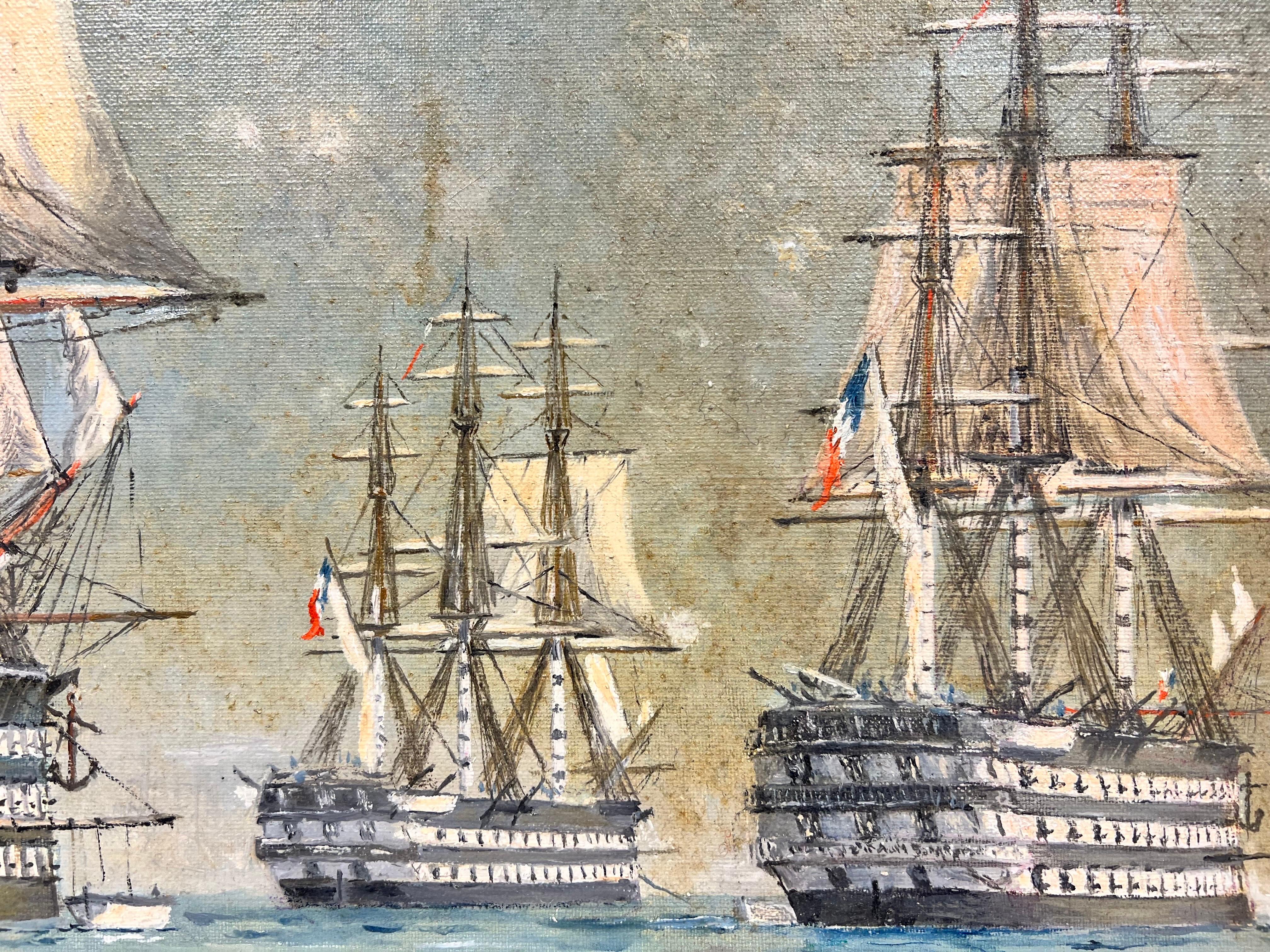 Three Masted Tall Ships at Sea Napoleonic Wars Period French Battle Ships, oil - Modern Painting by French School