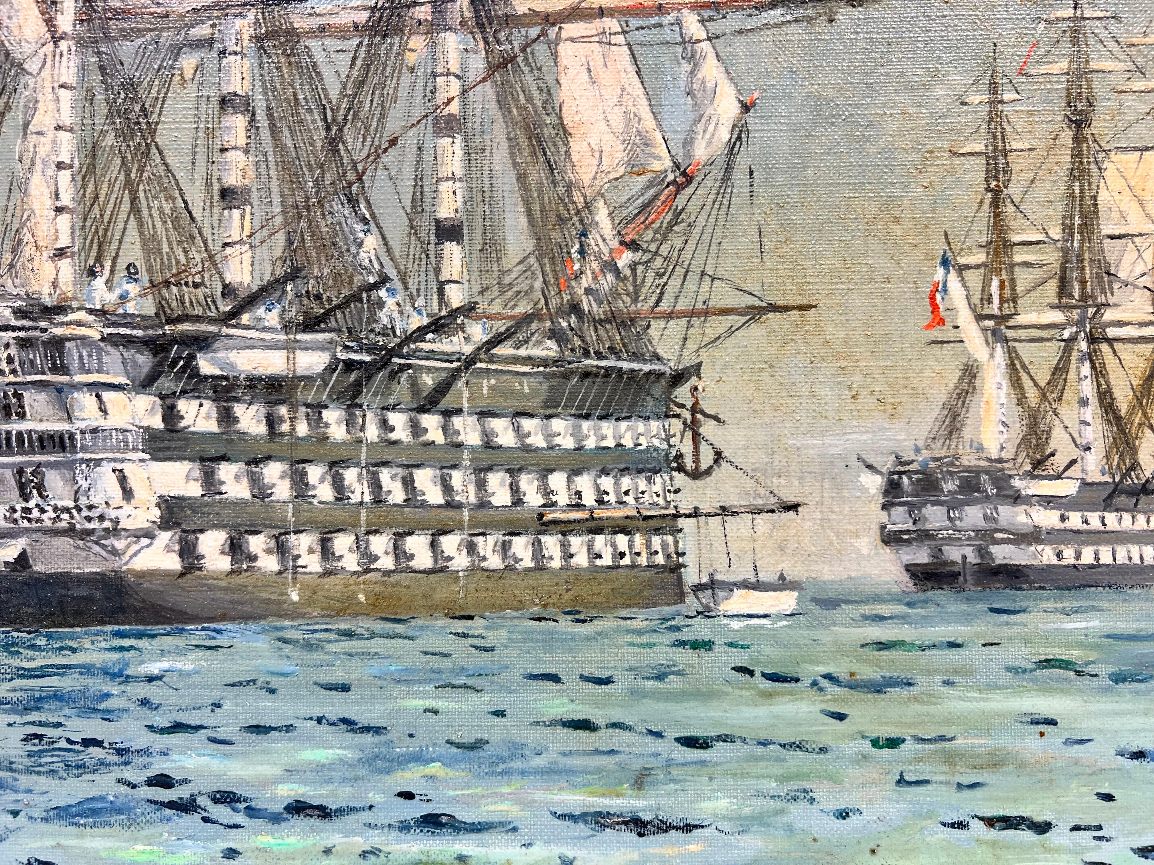 Three Masted Tall Ships at Sea Napoleonic Wars Period French Battle Ships, oil 1