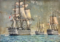 Three Masted Tall Ships at Sea Napoleonic Wars Period French Battle Ships, oil