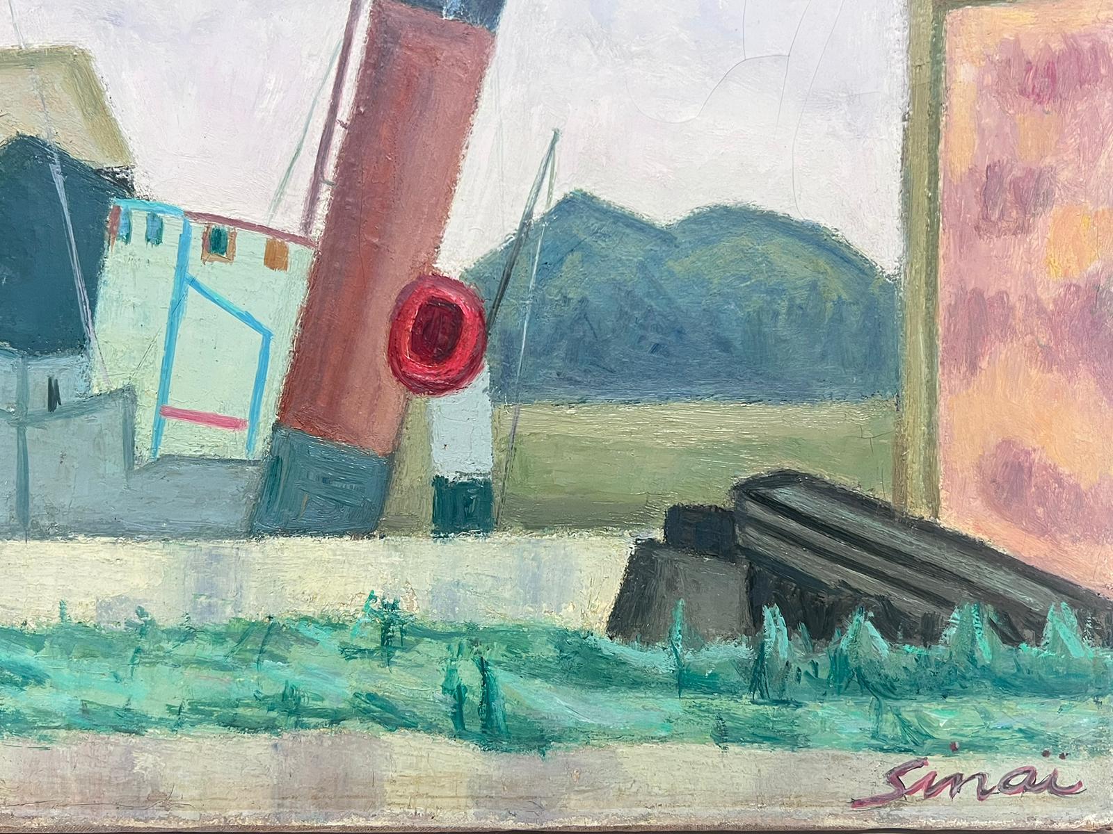Remolcadores en el paisaje industrial de un puerto Canal fluvial Siglo XX Óleo francés - Painting de French School