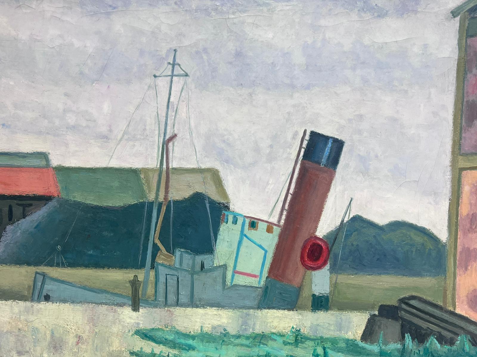 Remolcadores en el paisaje industrial de un puerto Canal fluvial Siglo XX Óleo francés - Painting Moderno de French School