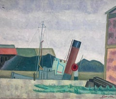 Remorqueurs dans un port industriel Canal fluvial Paysage urbain 20e siècle Huile française