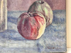 Two Apples & Jug French Modernist Signed Still Life Oil Painting