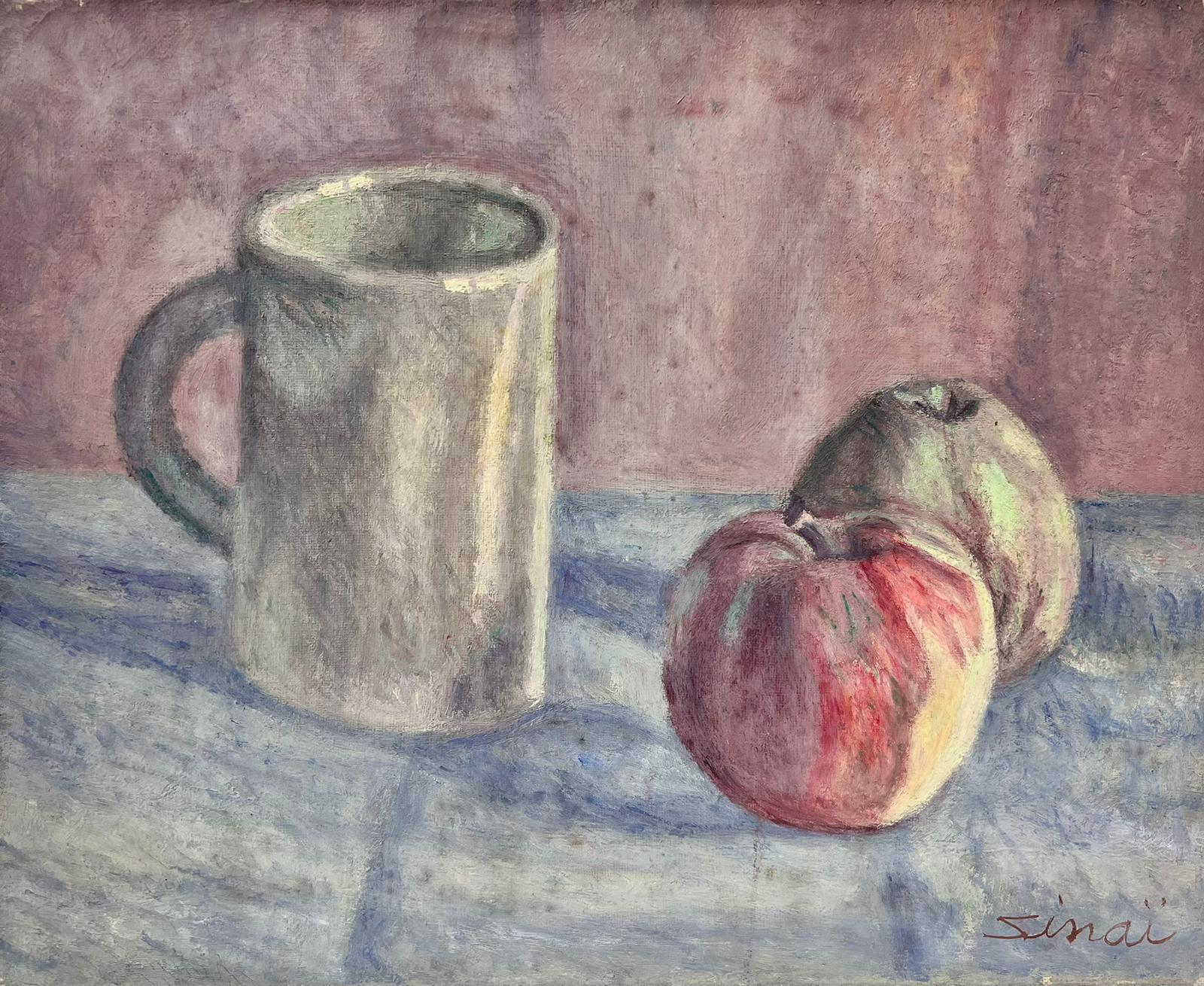 French School Interior Painting - Two Apples & Jug French Modernist Signed Still Life Oil Painting