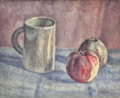 Vintage Two Apples & Jug French Modernist Signed Still Life Oil Painting
