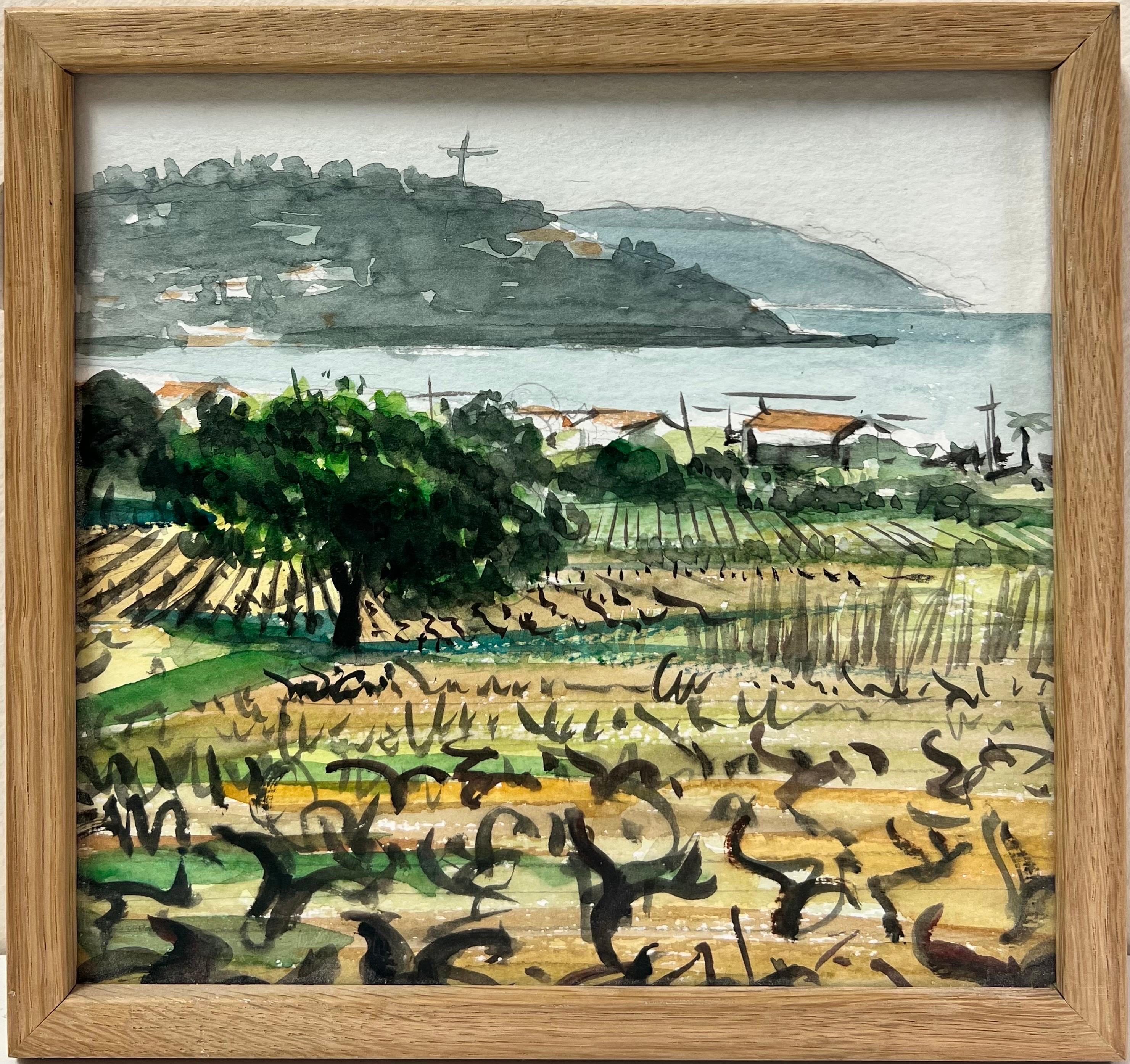 Vineyards overlooking the Mediterranean Seas Coastline French Impressionist - Painting by French School