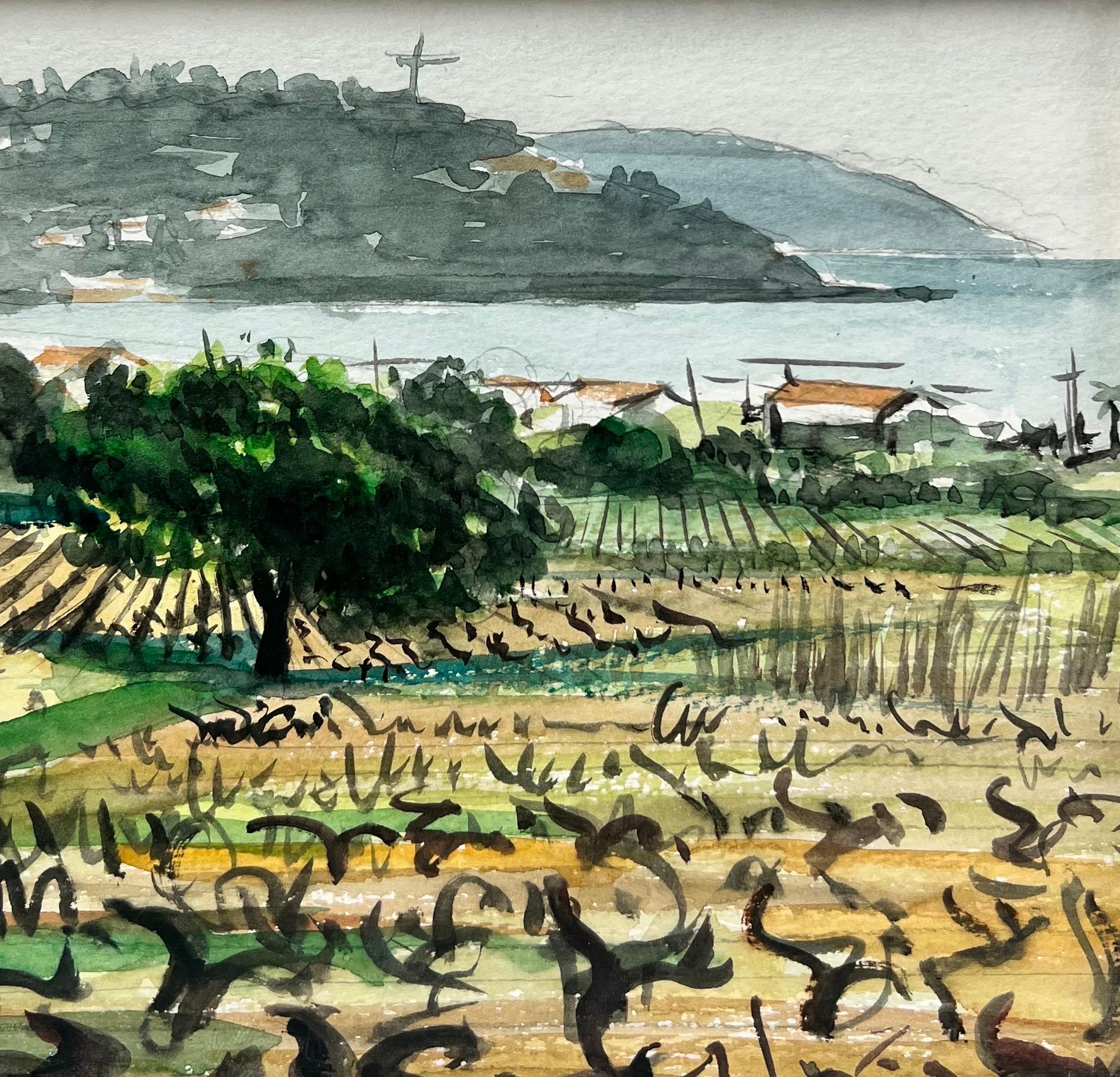 French School Landscape Painting - Vineyards overlooking the Mediterranean Seas Coastline French Impressionist