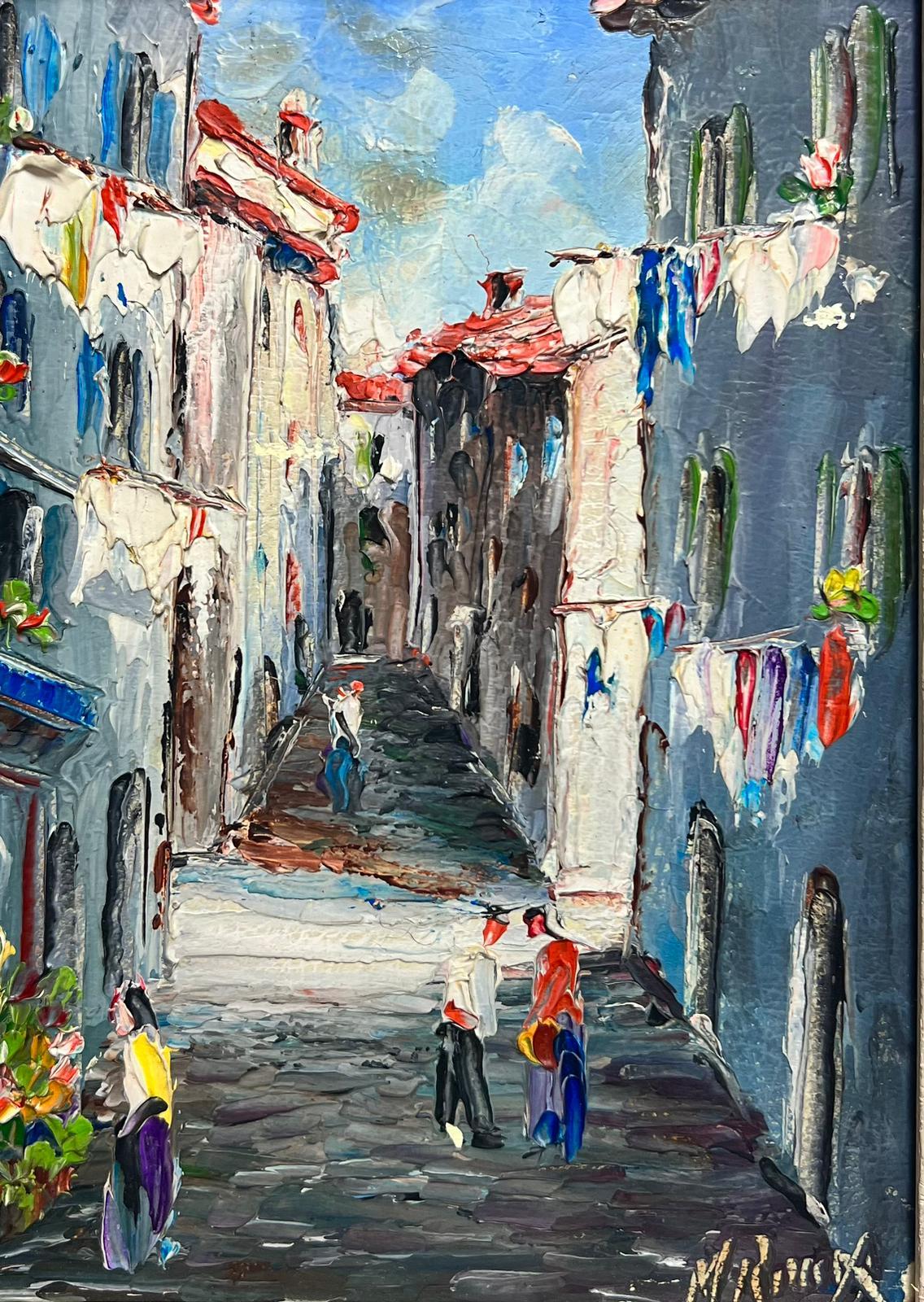 The Old Street, Nice
French School, mid 20th century
signed oil painting on board, framed
inscribed verso
framed: 8.5 x 6.5 inches
canvas: 7 x 5 inches
provenance: private collection, France
condition: very good and sound condition 
