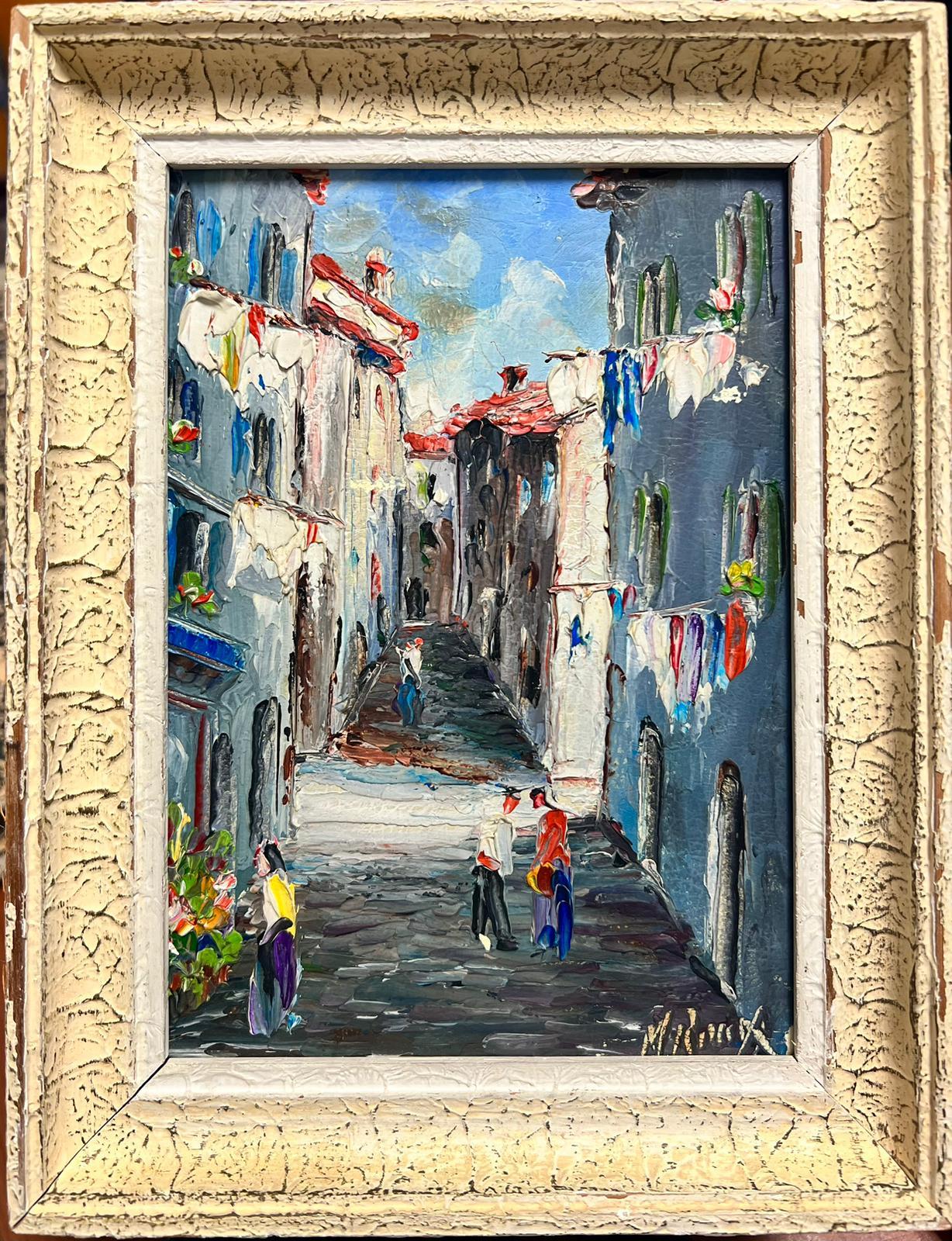 French School Figurative Painting - Vintage French Sleepy Street Scene Nice South of France Signed Oil Painting