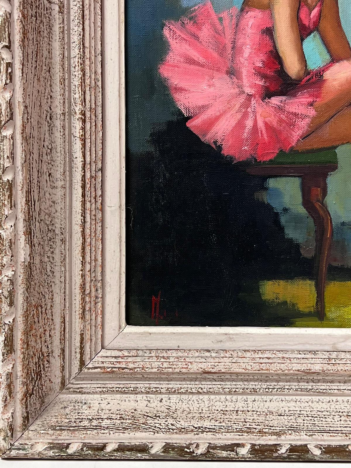 Young Ballerina in Pink Vintage French Oil Painting Original Frame 2