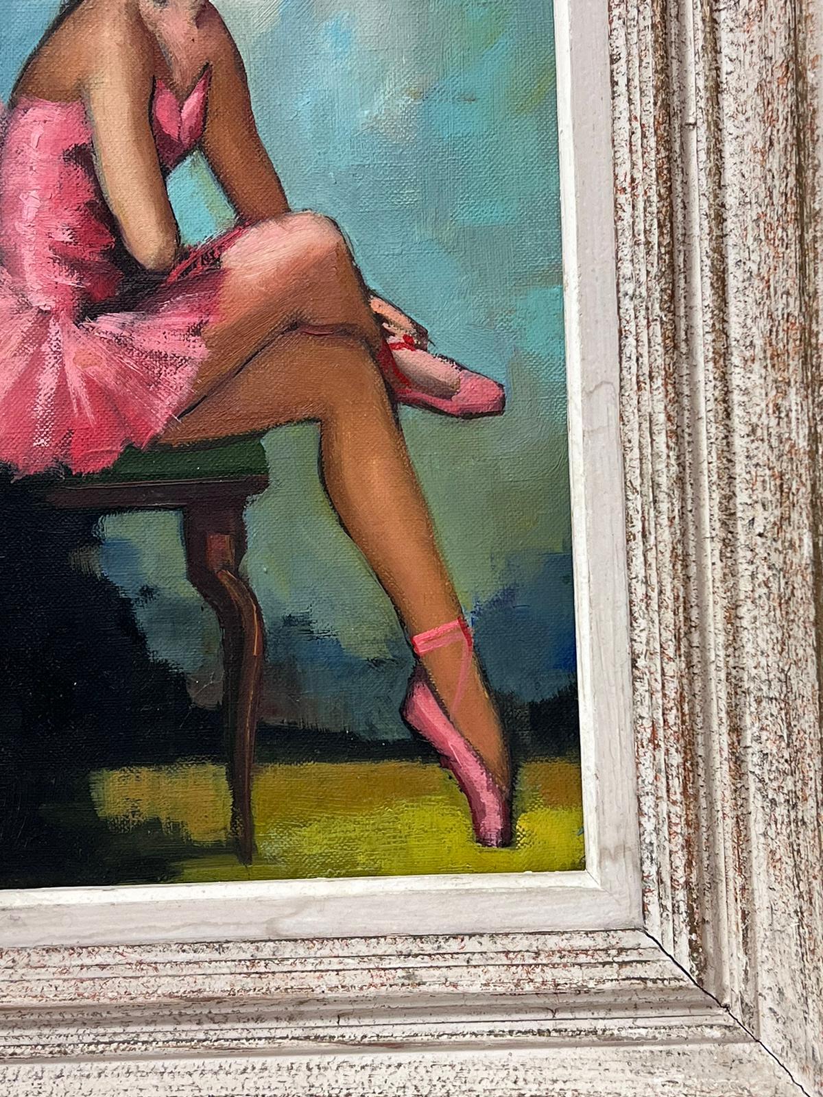 Young Ballerina in Pink Vintage French Oil Painting Original Frame 3