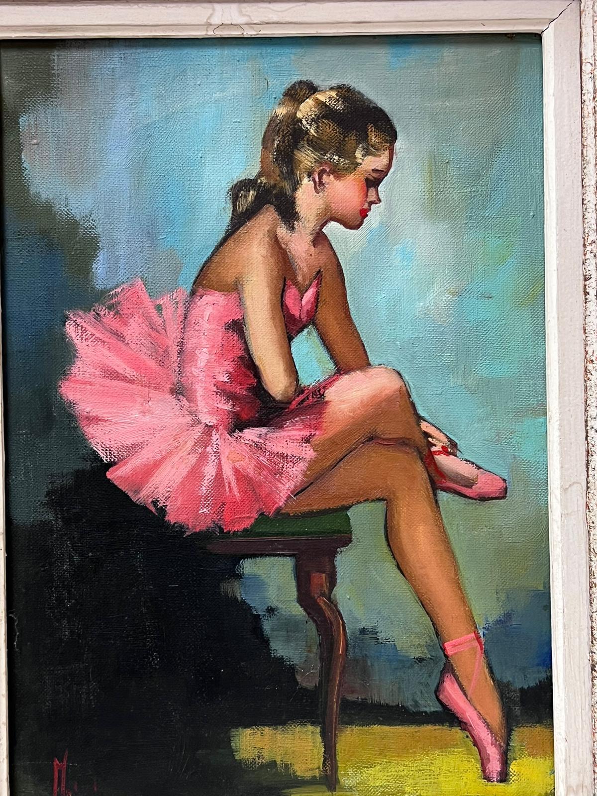 Young Ballerina in Pink Vintage French Oil Painting Original Frame 4