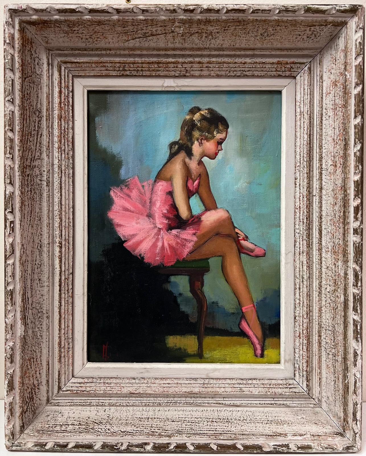 French School Portrait Painting - Young Ballerina in Pink Vintage French Oil Painting Original Frame