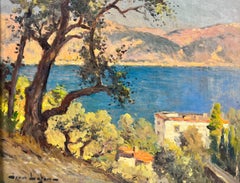 Französische impressionistische Öl-Cote d'Azur- Küstenlinie Französisch RIviera aus den 1930er Jahren, signiert
