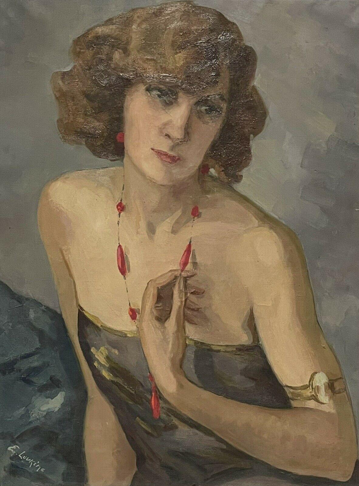 1950's French Portrait of a Lady with Red Necklace, Signed Oil Painting - Gray Interior Painting by Unknown