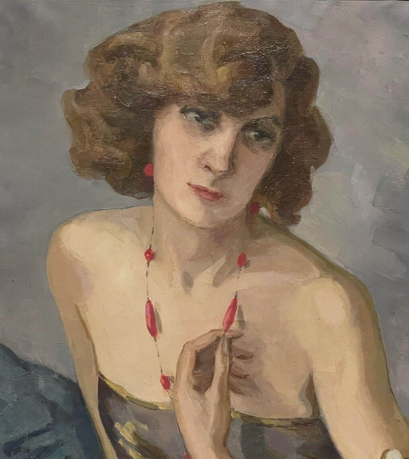 Artist/ School: Elisabeth Loukine, French mid 20th century, signed lower left corner

Title: Portrait of a glamorous woman in evening dress and red necklace. 

Medium: oil painting on canvas, framed

Size: framed: 30.25 x 24.5 inches
         