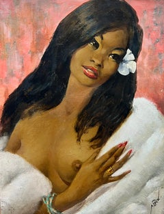 1960's French Oil - Portrait of a Semi-Nude Brunette Young Lady, Flower in Hair