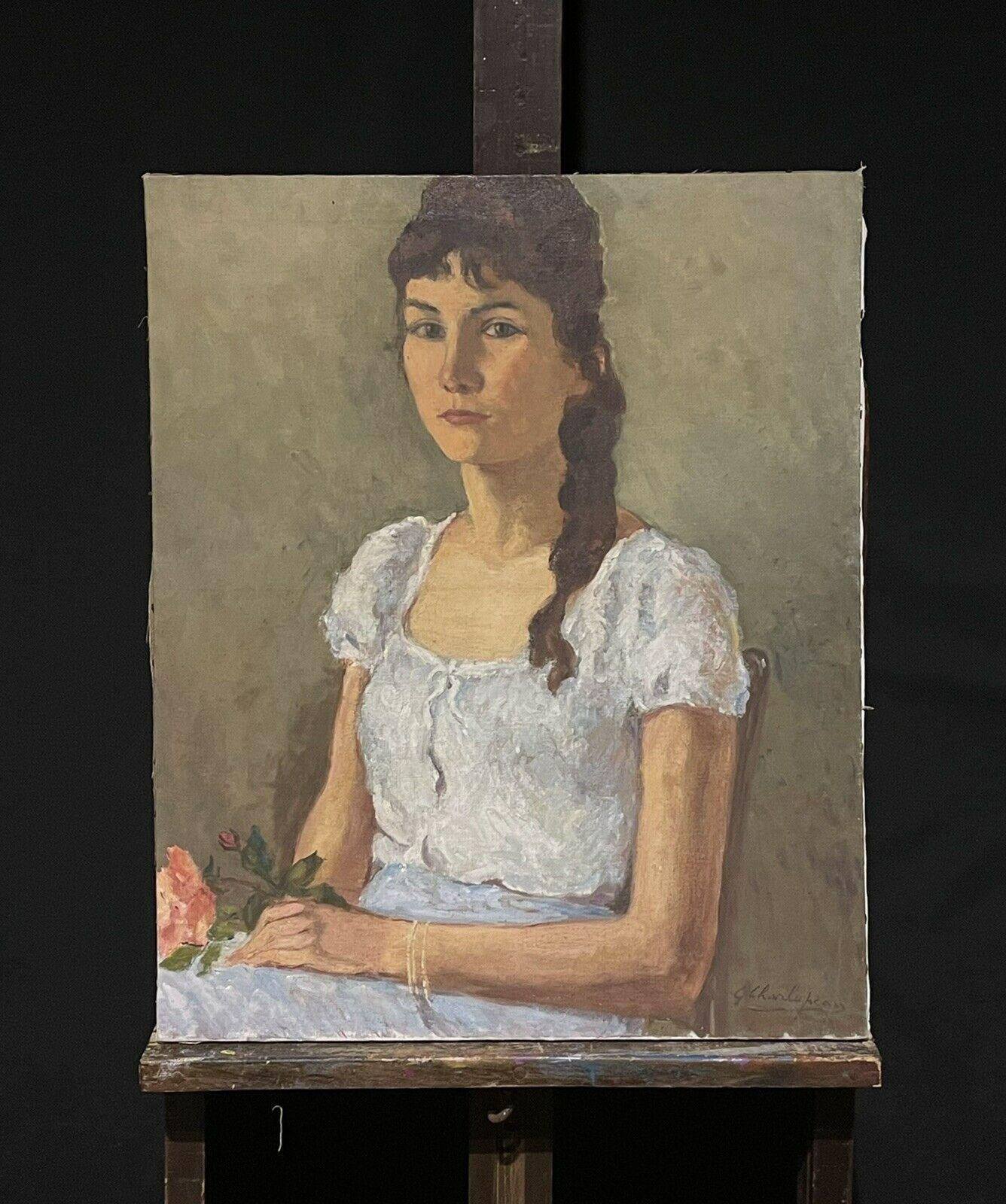 1960's French Signed Portrait of a Seated Young Lady, signed oil painting - Painting by Unknown
