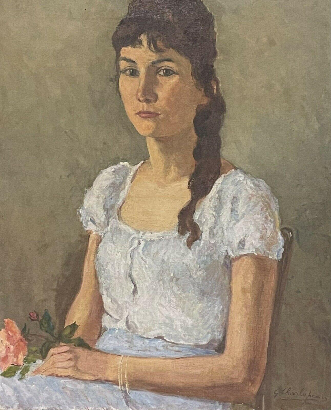 Unknown Portrait Painting - 1960's French Signed Portrait of a Seated Young Lady, signed oil painting