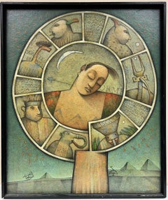 1990's French Surrealist Signed Painting Figurative Fantasy Circular Themed