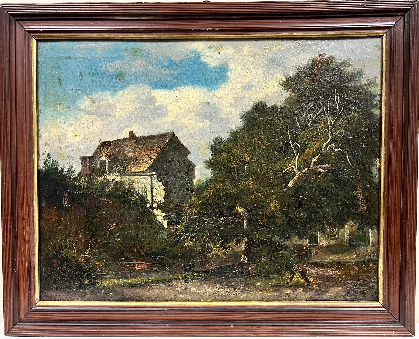 Artist/ School: French School, 19th century, inscribed verso

Title: The Woodland Cottage

Medium: oil on canvas laid over board, framed

Framed: 19 x 24 inches
Painting: 16 x 20.5 inches

Provenance: private collection, France

Condition: The