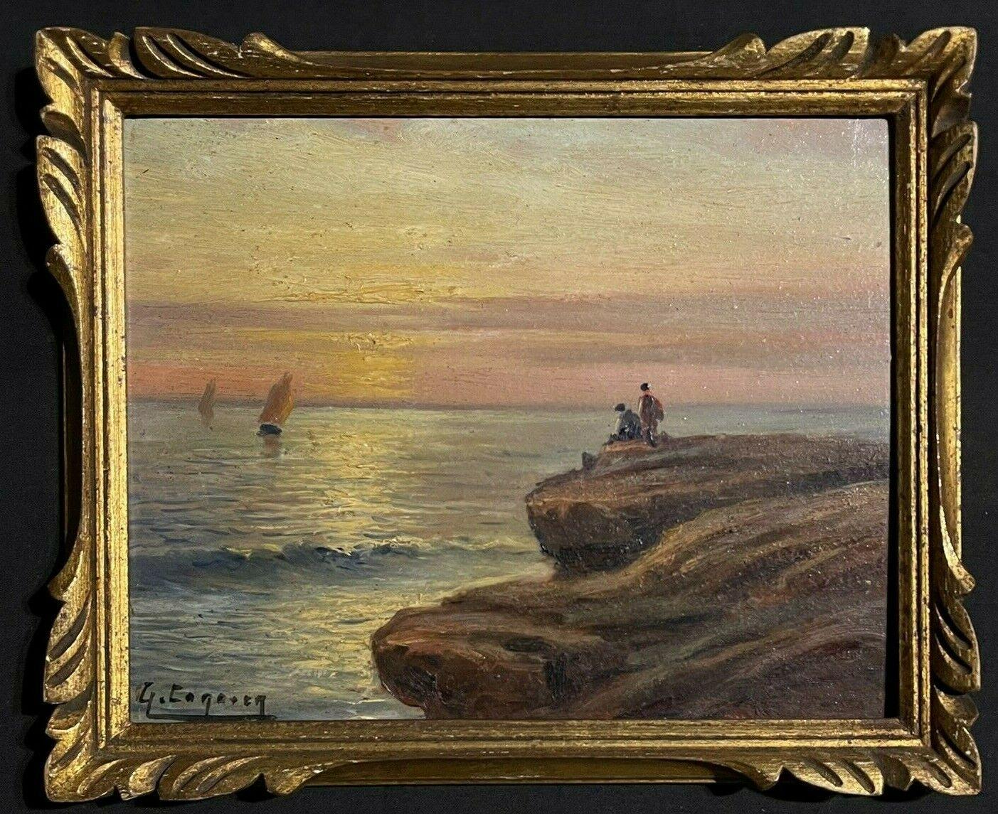 Antique French Oil Figures on Coastal Rocks Looking at Sunset over Sea - Painting by Unknown