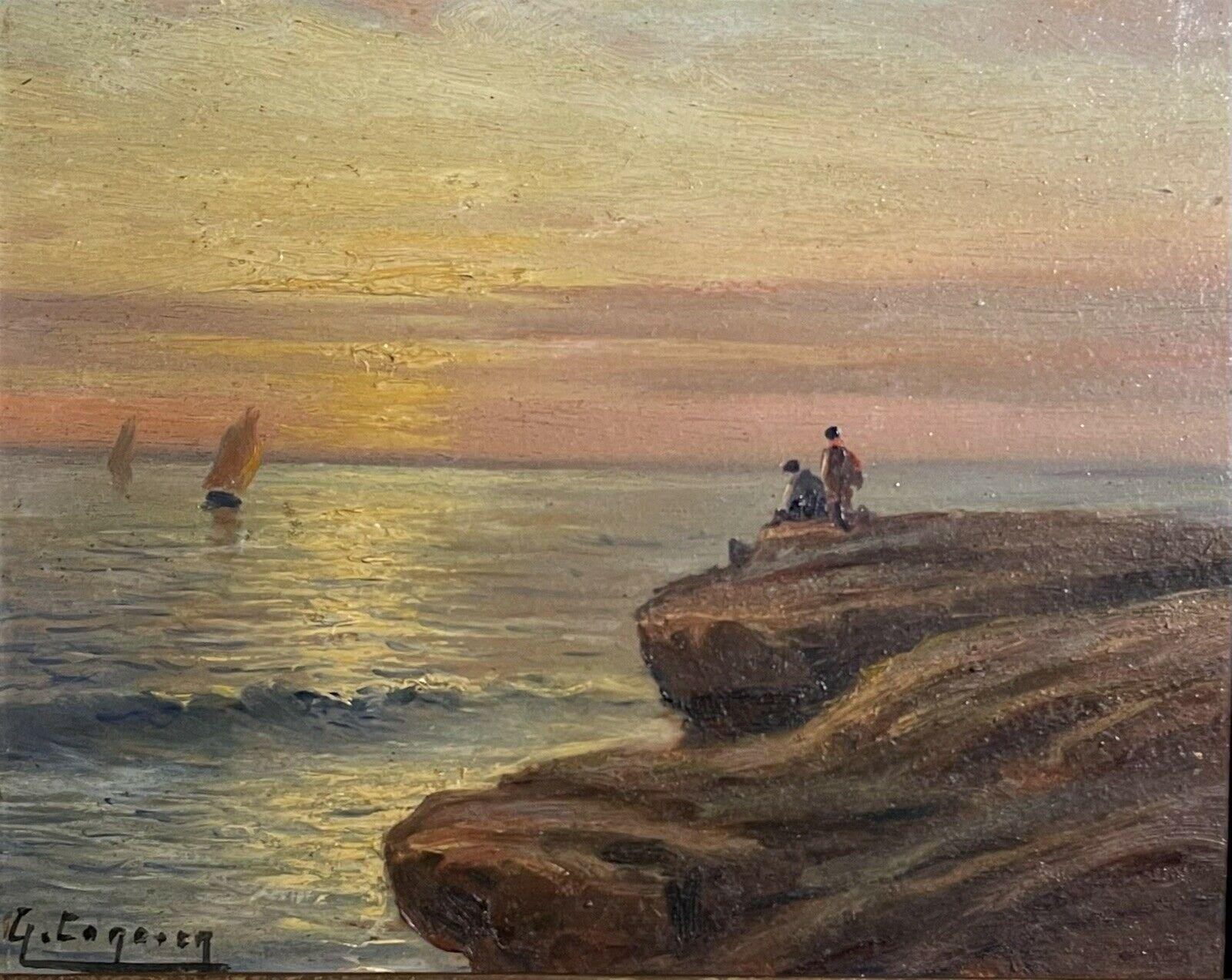 Unknown Figurative Painting - Antique French Oil Figures on Coastal Rocks Looking at Sunset over Sea