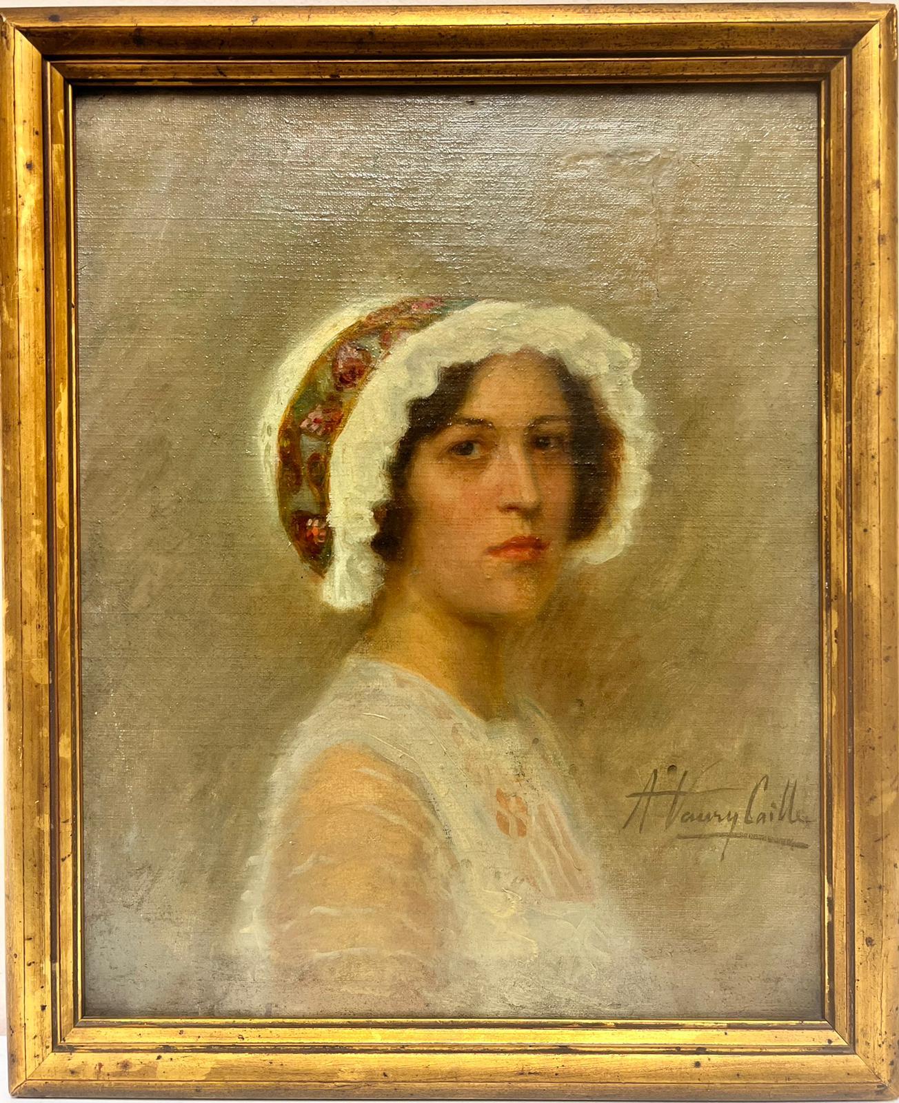 Antike Französisch signiert Öl, Schöne junge Dame in modischen Hut, circa 1900's – Painting von French School
