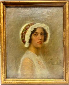 Antique French Signed Oil, Beautiful Young Lady in Fashionable Hat, circa 1900's